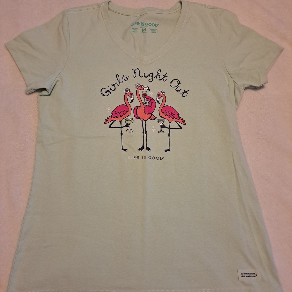 Life Is Good "Girls Night Out" Flamingo V-Neck Tee - Light Mint & Pink